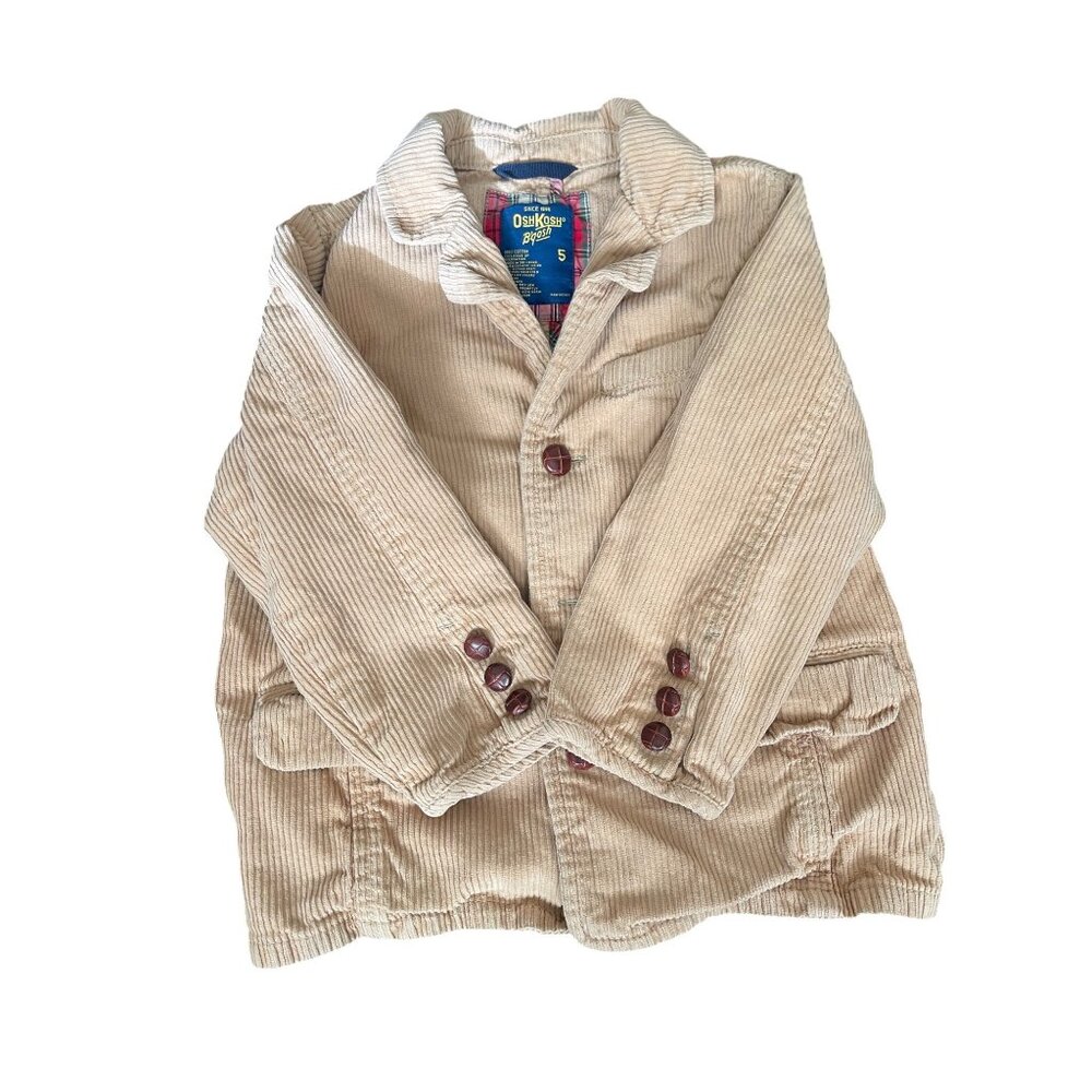 Oshkosh BGosh Boys Corduroy Jacket Size 5 Tan With Plaid Lining & Button Closure